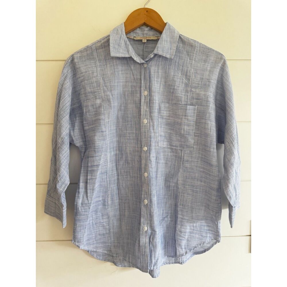 Casa Cabana Blue White Stripe Cotton Button Up Relaxed 3/4 Sleeve Curved Hem XS